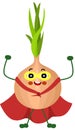 Cute onion mascot in traditional costume of superhero