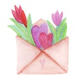 cute open envelope with flowers inside, watercolor illustration of envelope with romantic bouquet for valentine's day