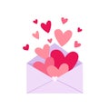 Cute open envelope with hearts on white background