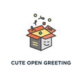cute open greeting box with confetti icon. of surprise concept symbol design, gift, benefit, offer or presentation, modern package