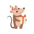 Cute Opossum in Party Hat Standing with Gift Box, Adorable Wild Animal Cartoon Character Vector Illustration Royalty Free Stock Photo