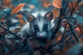 Cute Opossum Peeking Through Autumn Leaves in a Mystical Forest Wildlife in Natural Habitat Concept