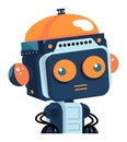 Cute orange and blue robot with large eyes. Friendly cartoon android character with big head vector illustration