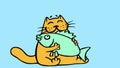 Cute orange cat hugging big fish animation