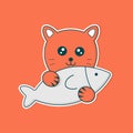 Cute orange cat hugs a gray fish with orange color background vector illustration Royalty Free Stock Photo