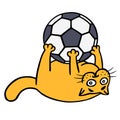 Cute orange cat is playing with a soccer ball. Vector illustration