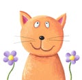 Cute orange cat with purple flowers