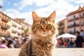 Cute orange cat sitting on Spanish old town street. Details of Spain. Beautiful red haired young kitten lost in city and