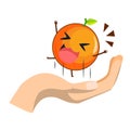 Cute Orange character jumps on the hand isolated on white background. Orange character emoticon illustration