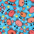 Cute orange crab and yellow jellyfish with random bubbles. Seamless vector pattern on blue background with transparent Royalty Free Stock Photo