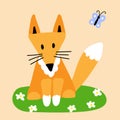 Cute orange fox. Green meadow with chamomiles and blue butterfly. Nursery print for t-shirts, posters, room decor, greeting cards