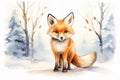 Cute Orange Fox With Snow In Winter Season Watercolor Painting, Generative AI
