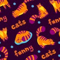 Cute orange funny cat different poses, colorful illustration seamless pattern. Lovely cat. Greeting cards, posters, banners.