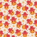 Cute Orange Happy faces with cowboy hats seamless Pattern with little stars.