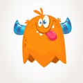 Cute orange horned cartoon monster. Funny flying monster showing tongue. Halloween vector illustration.