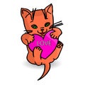 Cute orange kitten, heart in paws love, cartoon on white backg
