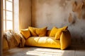 Cute orange loveseat sofa in empty room. Interior design of modern minimalist living room. Created with generative AI