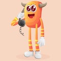Cute orange monster pick up the phone, answering phone calls