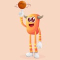 Cute orange monster playing basketball, freestyle with ball