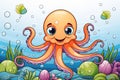 cute orange octopus in a sea theme background Royalty Free Stock Photo