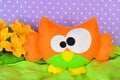 Cute orange owl. Handmade toy for children. Kids sewing crafts. Needlework idea