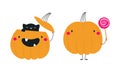 Cute Orange Pumpkin Character with Black Cat and Candy Having Fun at Halloween Holiday Vector Set Royalty Free Stock Photo