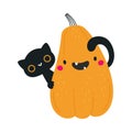 Cute Orange Pumpkin Character and Black Cat Peeped Out From Behind Having Fun at Halloween Holiday Vector Illustration Royalty Free Stock Photo