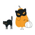 Cute Orange Pumpkin Character in Black Mask and with Cat Having Fun at Halloween Holiday Vector Illustration Royalty Free Stock Photo