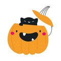 Cute Orange Pumpkin Character with Cut Top and Peeped Out Black Cat Having Fun at Halloween Holiday Vector Illustration Royalty Free Stock Photo