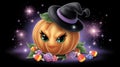 Cute Orange Pumpkin Wearing a Witch Hat Surrounded by Candy and Royalty Free Stock Photo