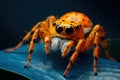 Cute orange spider siting on blue tropical leaf on dark background, macro view. Close up portrait of spooky wild small animal like