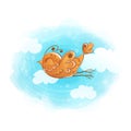 A cute orange stylized bird flies through the sky with clouds.