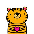 Cute orange tiger holding heart symbol hand drawn vector illustration in cartoon comic style