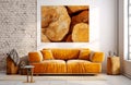 Cute orange velvet loveseat sofa in room with brick wall. Interior design of modern scandinavian living room. Created with