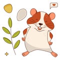 Cute orange and white hamster laughing, twig with leaves, corn grain, pumpkin seed, sms. Isolated on a white background