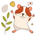 A cute orange and white hamster stretches and yawns, a twig with leaves, a corn grain, a pumpkin seed, SMS. Isolated on a white