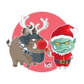 Funny orcs and wild boars in santa clothes and reindeer pulling wagons