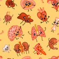 Cute organs Seamless pattern. Happy human, Set of smiling character. Cartoon kawaii icon. Healthy heart, stomach, liver