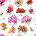 Cute organs Seamless pattern. Happy human, Set of smiling character. Cartoon kawaii icon. Healthy heart, stomach, liver