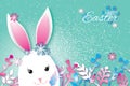 Cute Origami Funny Bunny, Flowers. Happy Easter Greeting card. Space for text.