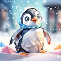 cute origami penguin during snowfall