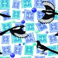 Cute original seamless pattern with magpie, majolic elements and jewelry. Vector illustration.