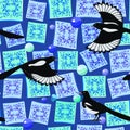 Cute original seamless pattern with magpie, majolic elements and jewelry. Vector illustration.