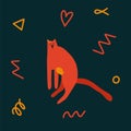 Cute original trendy cat sitting with abstract elements around. Vector illustration isolated on dark background