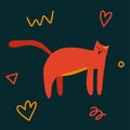 Cute original trendy cat walking with abstract elements around. Vector illustration isolated on dark background