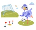 Cute ostrich playing football. Sports ball and goal. Vector cartoon isolated illustration on white background. Funny Royalty Free Stock Photo