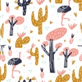 Cute ostrich, stylized tree silhouette, cactus branches, leaves and fruits composition. Element of seamless pattern