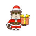 cute otter or beaver wearing santa costume and giving christmas gifts, cartoon animal mascot in christmas costume