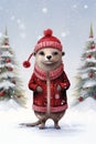 Cute otter in a red jacket and hat stands in the winter forest.