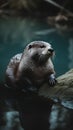 Cute otter resting on a rock in the water. Toned.